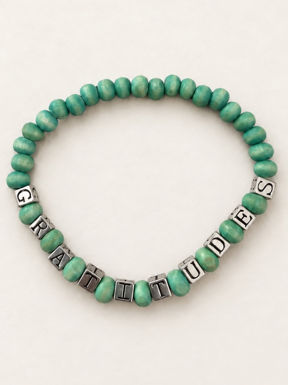 Gratitude Stretch Bracelet Turquoise Beads Silver Letter Inspirational Jewelry